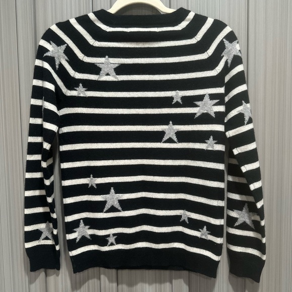 Ply Cashmere Black White Star Striped Cashmere Sweater Fall Cozy Sz XS - Picture 2 of 6